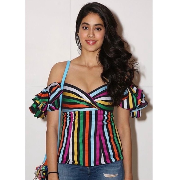 CAROLINE CONSTAS Rainbow Stripe Sweetheart Neck Ruffled Off Shoulder Top XS - Picture 2 of 11